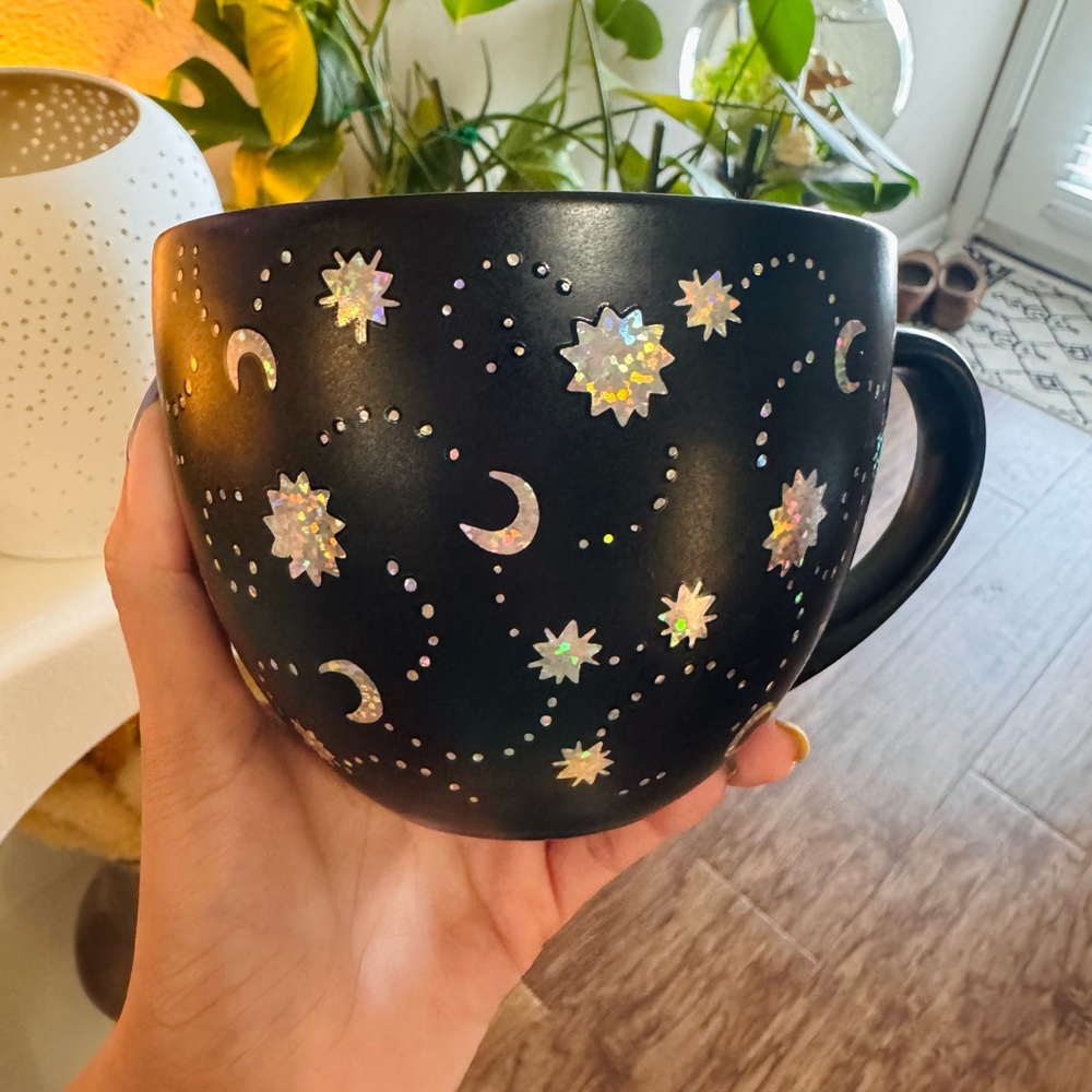 Black Celestial Mug with Holographic Stars and Moons